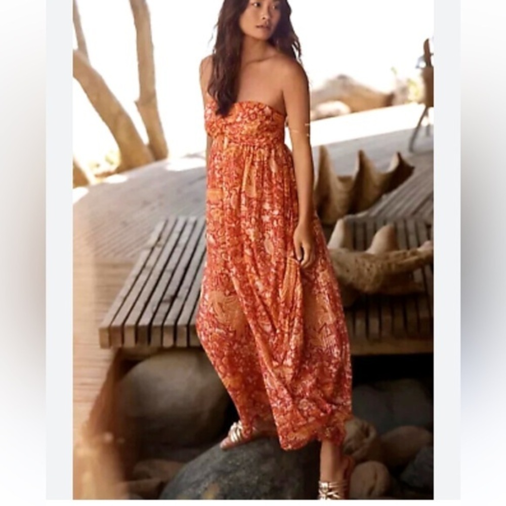 Anthropologie Red and Yellow Floral sheer babydoll Jumpsuit